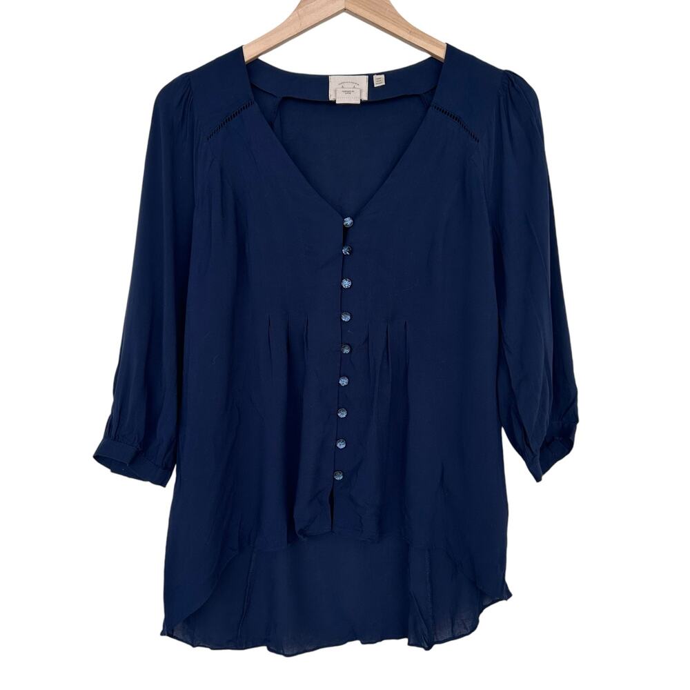 Vanessa Virginia Anthropologie Navy Blue Button Front Blouse Sz 4P